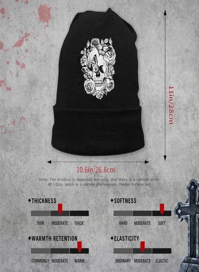 Negi Skull Skeleton Beanie Hats for Men Women Unisex Winter Warm Stretch Slouchy Butterfly Knit Hat Flower Skull Cap Black - Image 5