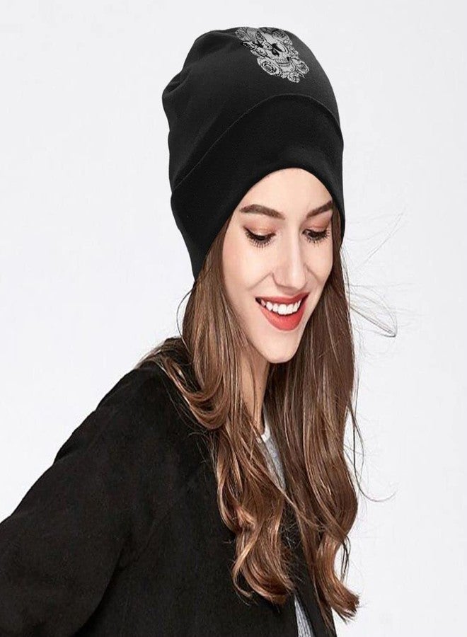 Negi Skull Skeleton Beanie Hats for Men Women Unisex Winter Warm Stretch Slouchy Butterfly Knit Hat Flower Skull Cap Black - Image 3