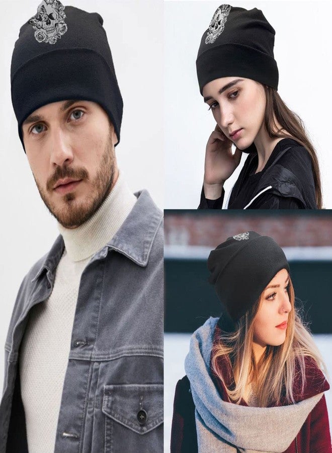 Negi Skull Skeleton Beanie Hats for Men Women Unisex Winter Warm Stretch Slouchy Butterfly Knit Hat Flower Skull Cap Black - Image 4