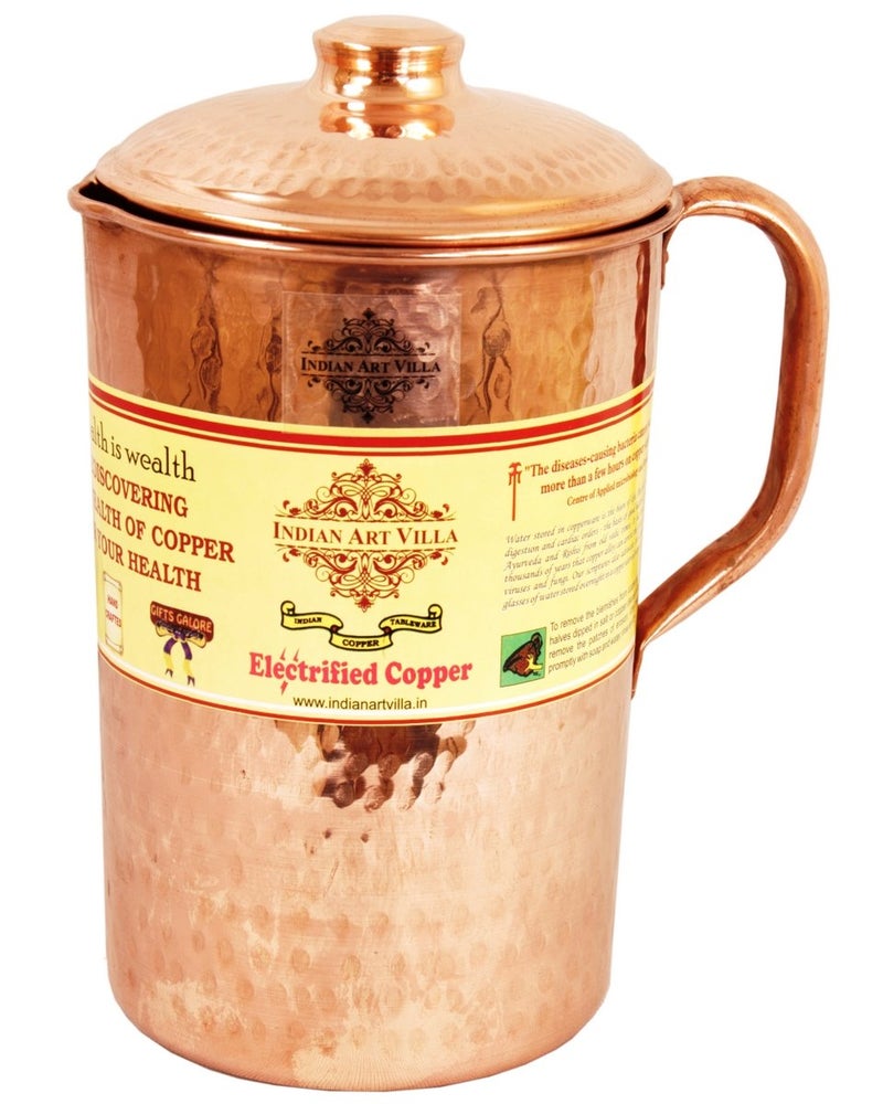 Indian Art Villa Set of 1 Pure Copper Hammered Jug Pitcher 1700 ML with 1 Glass Tumbler Cup 380 ML Storage Water Home Hotel Restaurant Good Health Benefit Yoga - Image 2