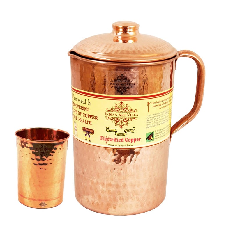 Indian Art Villa Set of 1 Pure Copper Hammered Jug Pitcher 1700 ML with 1 Glass Tumbler Cup 380 ML Storage Water Home Hotel Restaurant Good Health Benefit Yoga - Image 1