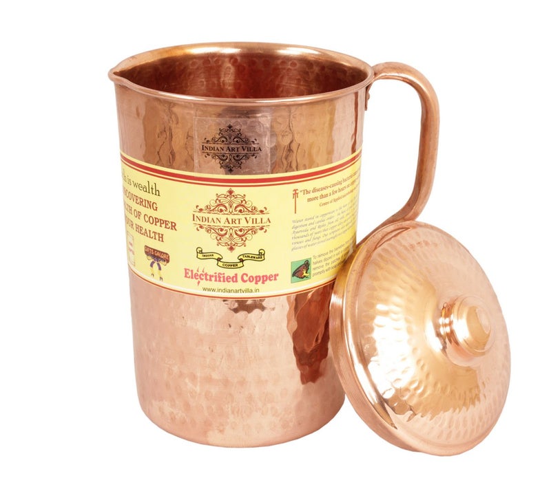 Indian Art Villa Set of 1 Pure Copper Hammered Jug Pitcher 1700 ML with 1 Glass Tumbler Cup 380 ML Storage Water Home Hotel Restaurant Good Health Benefit Yoga - Image 3