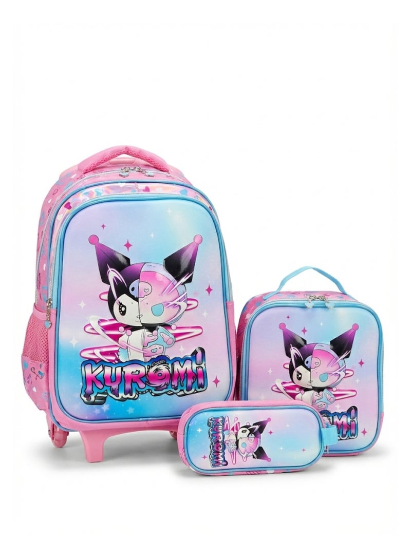 Genaric حقيبة ظهر كيدز كورومي بعجلات مع حقيبة غداء وحقيبة أقلام – وردي، تصميم مدمج، متينة ومريحة للمدرسة - Image 1