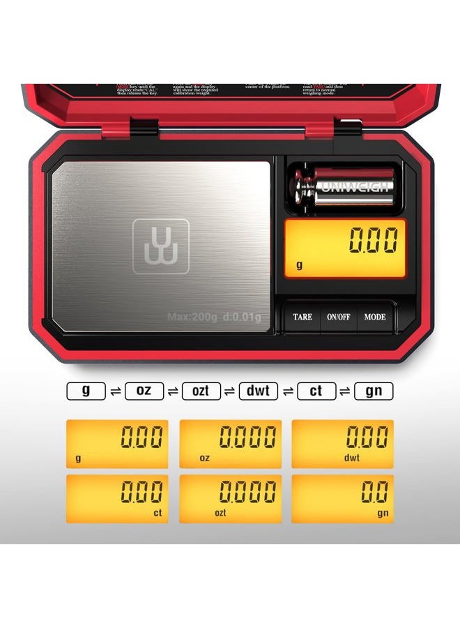 UNIWEIGH Travel Digital Pocket Scale 200g/0.01g, Digital Gram Scales, Mini Food Scale with 50g Calibration Weight for Food, Powder,Small Items, Tea, Jewelry, Coins (Battery Included)-Red - Image 2