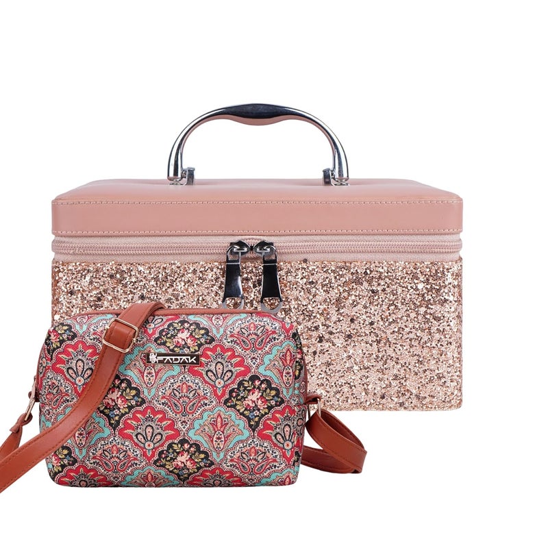 FADAK Cosmetic Makeup for Beauty Case Wedding Makeup Brushes Pouch Tikli Organizer Travel Large Vanity Mirror Box Storage Bag Jewelry Bridal Box (Pink 003) - Image 1