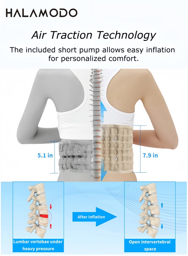 هالامودو حزام تخفيف الضغط للظهر للبالغين حزام دعم العمود الفقري القطني للبالغين مع مضخة قصيرة لتخفيف آلام أسفل الظهر جهاز سحب هوائي للظهر يناسب مقاس الخصر 29-49 بوصة - Image 3