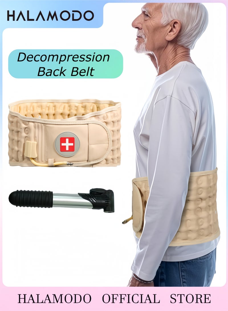 هالامودو حزام تخفيف الضغط للظهر للبالغين حزام دعم العمود الفقري القطني للبالغين مع مضخة قصيرة لتخفيف آلام أسفل الظهر جهاز سحب هوائي للظهر يناسب مقاس الخصر 29-49 بوصة - Image 1