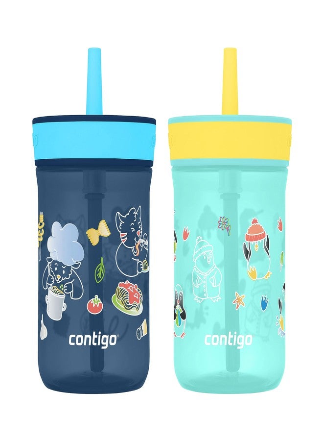 Contigo Leighton Kids Plastic Water Bottle, 14oz Spill-Proof Tumbler with Straw for Kids, Dishwasher Safe, Juniper/Blue Forest - Image 1