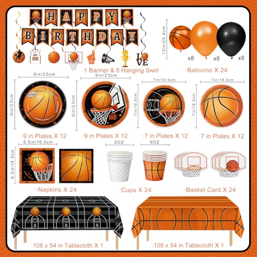 QIYANPAX 155 PCS Basketball Party Decorations - Basketball Party Supplies - Plates, Napkins, Cups, Basket Card, Banner, Hanging Swirls, Balloons, Tablecloth for Basketball Birthday Party Decorations, Serve 24 - Image 2