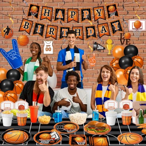 QIYANPAX 155 PCS Basketball Party Decorations - Basketball Party Supplies - Plates, Napkins, Cups, Basket Card, Banner, Hanging Swirls, Balloons, Tablecloth for Basketball Birthday Party Decorations, Serve 24 - Image 5