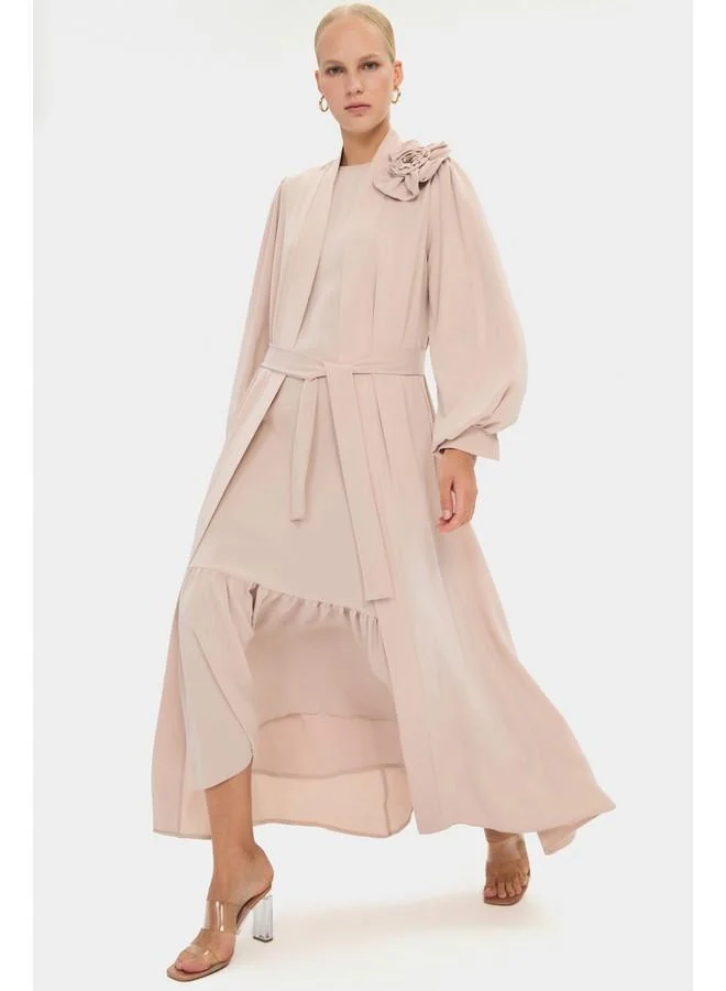 JUNE June Women Flounce Skirt Floral Detailed Abaya Beige