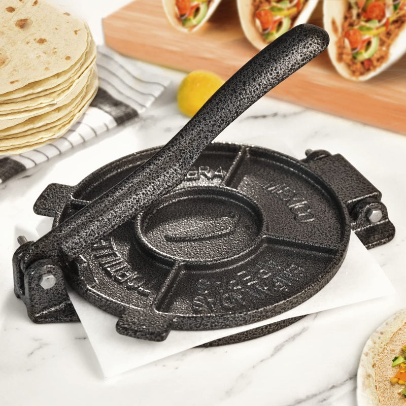 ARC Advanced Royal Champion ARC Tortilla Press 65 inch Cast Iron Tortilla Maker Include 100 Pcs Parchment Paper Heavy Duty Tortillera Pataconera Flour Tortilla Press Roti Maker Taco Maker Taco Press Black Gray 