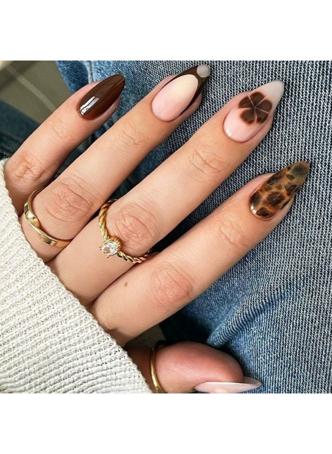 Goolsky Premium Brown Leopard & Floral Almond Press-on Nails for Edgy Chic Style - Image 1