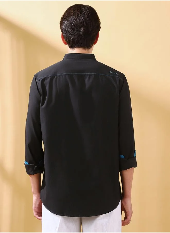 دينيس لينغو Men's Black Cotton Blend Solid Button Down Regular Fit Shirt