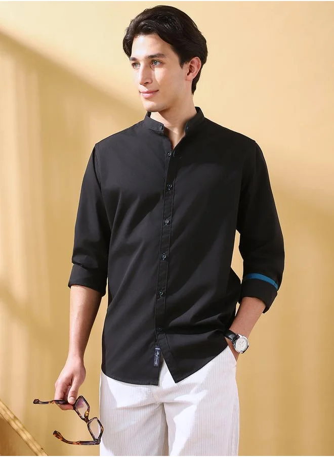 دينيس لينغو Men's Black Cotton Blend Solid Button Down Regular Fit Shirt
