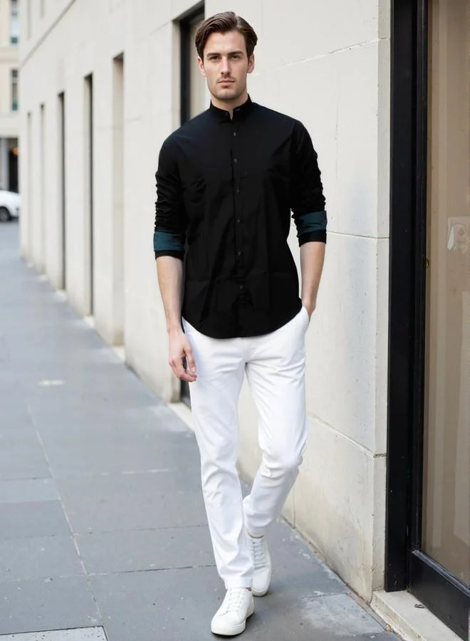 دينيس لينغو Men's Black Cotton Blend Solid Button Down Regular Fit Shirt