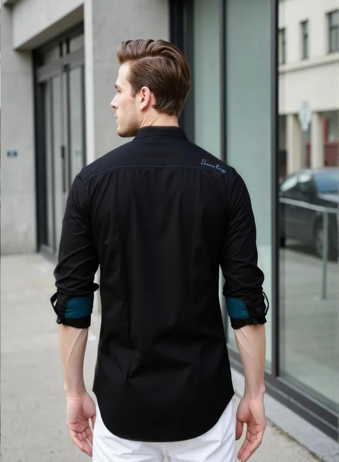 دينيس لينغو Men's Black Cotton Blend Solid Button Down Regular Fit Shirt