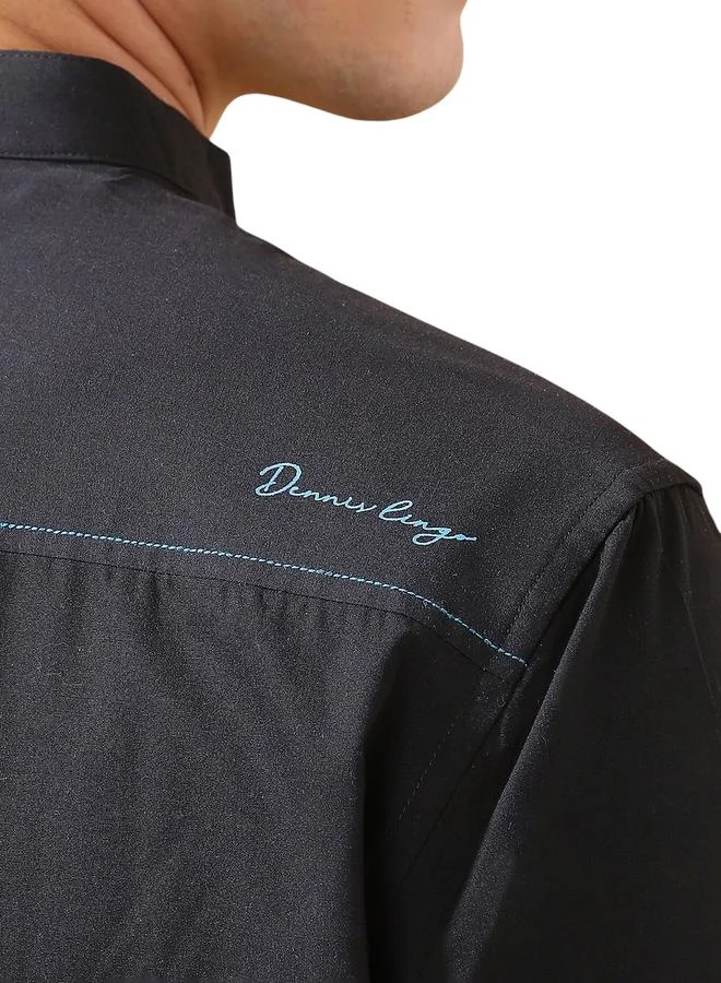 دينيس لينغو Men's Black Cotton Blend Solid Button Down Regular Fit Shirt