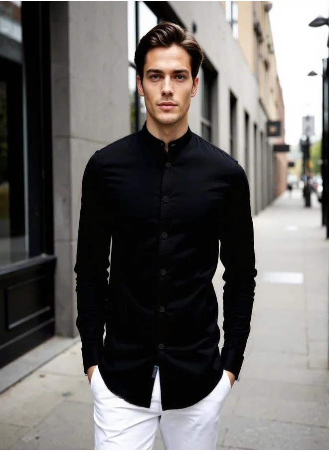 Dennis Lingo Men's Black Cotton Blend Solid Button Down Regular Fit Shirt