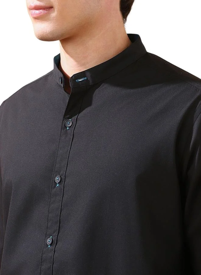 دينيس لينغو Men's Black Cotton Blend Solid Button Down Regular Fit Shirt