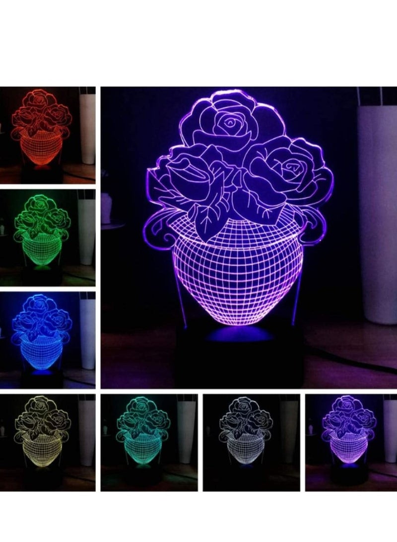 althiqahkey 3D Night Light Romantic Rose Flower 7 Color Change 3D Illusion Lamp Table Night Light Girls Festival Gift Home Decor Rose In The Pot  - Image 2