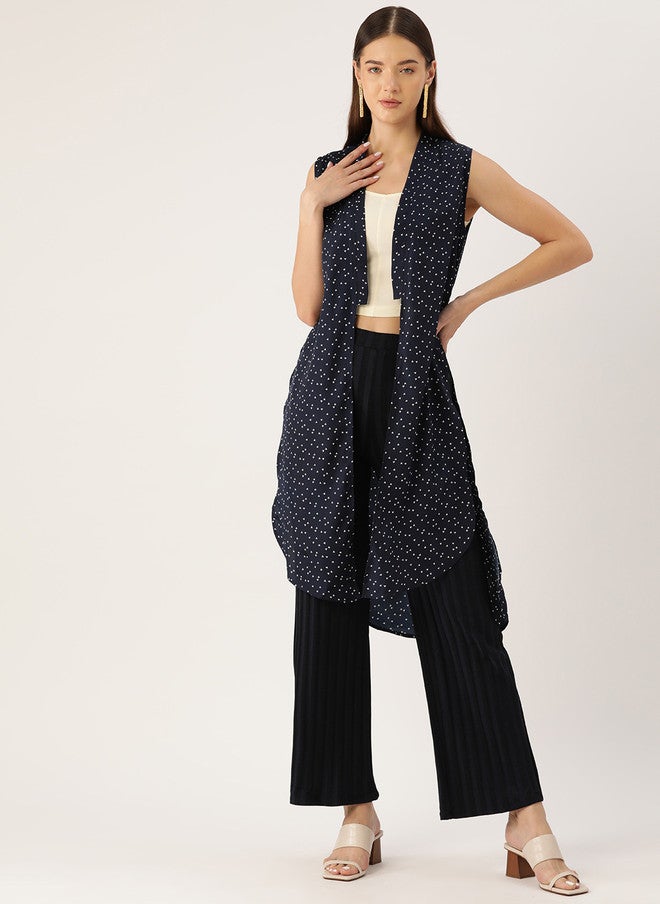 Rue Collection سترة طويلة مطبوعة باللونين الأزرق الداكن والأبيض للنساء - Image 1