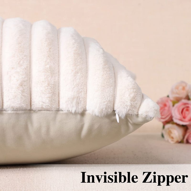 Soleebee Set of 2 Throw Pillow Covers Soft Cozy Velvet Pillowcase Faux Rabbit Fur Cover for Couch Sofa Bed Chair Home Decorative Pillows Cover (24x24 Inch  Beige White) - Image 3