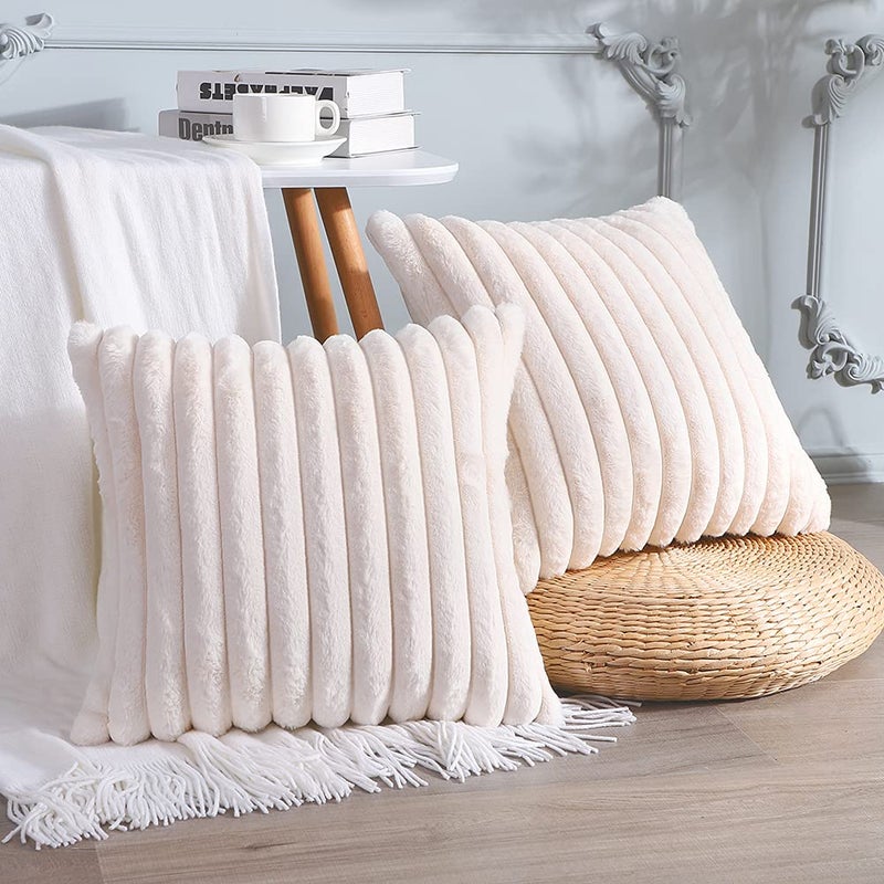 Soleebee Set of 2 Throw Pillow Covers Soft Cozy Velvet Pillowcase Faux Rabbit Fur Cover for Couch Sofa Bed Chair Home Decorative Pillows Cover (24x24 Inch  Beige White) - Image 1