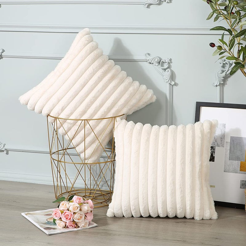 Soleebee Set of 2 Throw Pillow Covers Soft Cozy Velvet Pillowcase Faux Rabbit Fur Cover for Couch Sofa Bed Chair Home Decorative Pillows Cover (24x24 Inch  Beige White) - Image 5