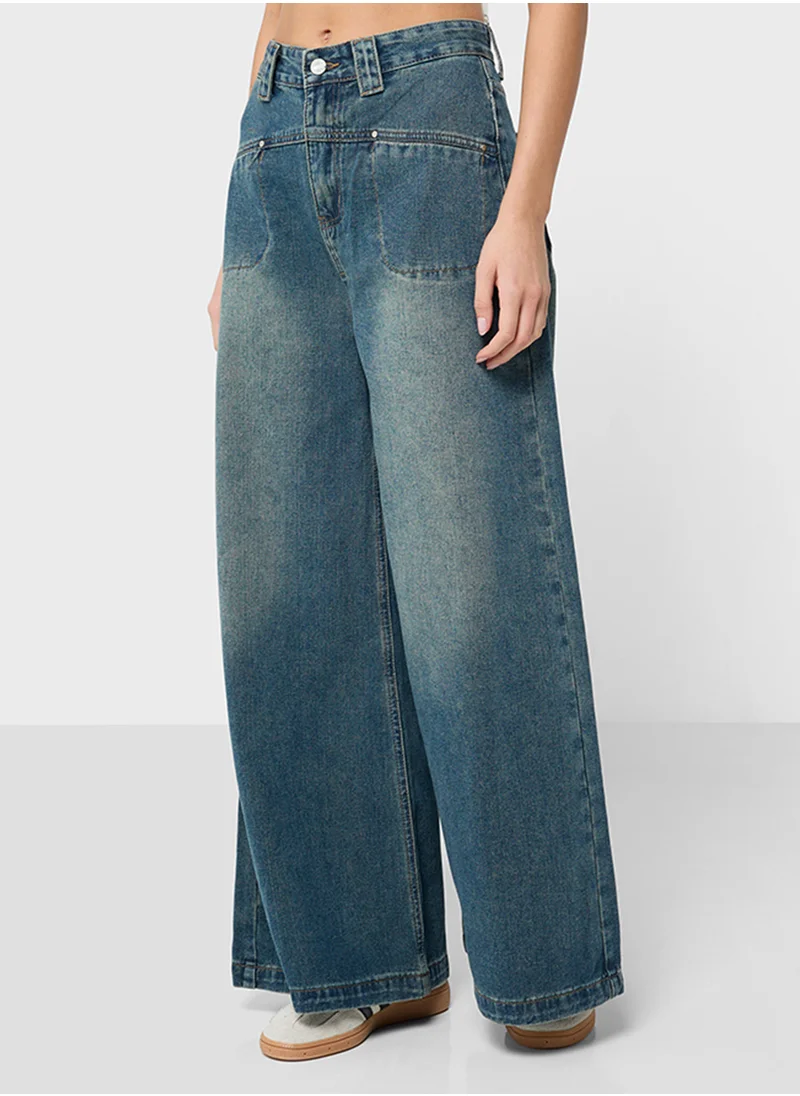 جينجر Mid Rise Vintage Wash Wide Leg Pants