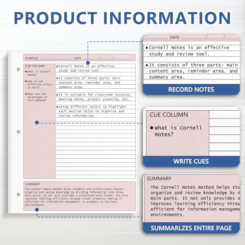 OKWUYiK 200 Sheet Colored Cornell Notes Loose Leaf Paper 8.5×11 Inch for 3 Ring Binder College Ruled Taking System Filler Paper Letter Size Notebook Refill Paper Bulk for School Office Business Home 80gsm - Image 4