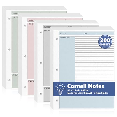 OKWUYiK 200 Sheet Colored Cornell Notes Loose Leaf Paper 8.5×11 Inch for 3 Ring Binder College Ruled Taking System Filler Paper Letter Size Notebook Refill Paper Bulk for School Office Business Home 80gsm - Image 1