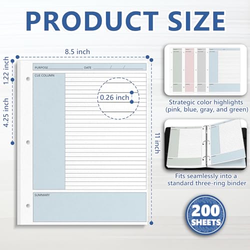 OKWUYiK 200 Sheet Colored Cornell Notes Loose Leaf Paper 8.5×11 Inch for 3 Ring Binder College Ruled Taking System Filler Paper Letter Size Notebook Refill Paper Bulk for School Office Business Home 80gsm - Image 2