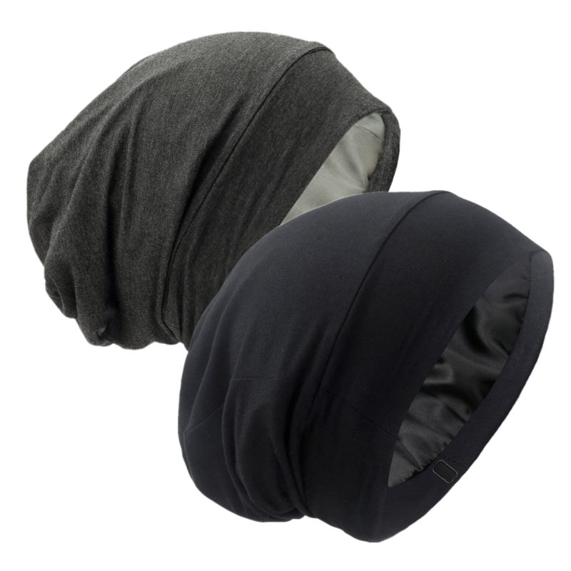 GB Selected Silk Satin Lined Bonnet Sleep Cap - Adjustable Stay on All Night Hair Wrap Cover Slouchy Beanie for Curly Hair Protection for Women and Men - Black & Dark Grey - Image 1