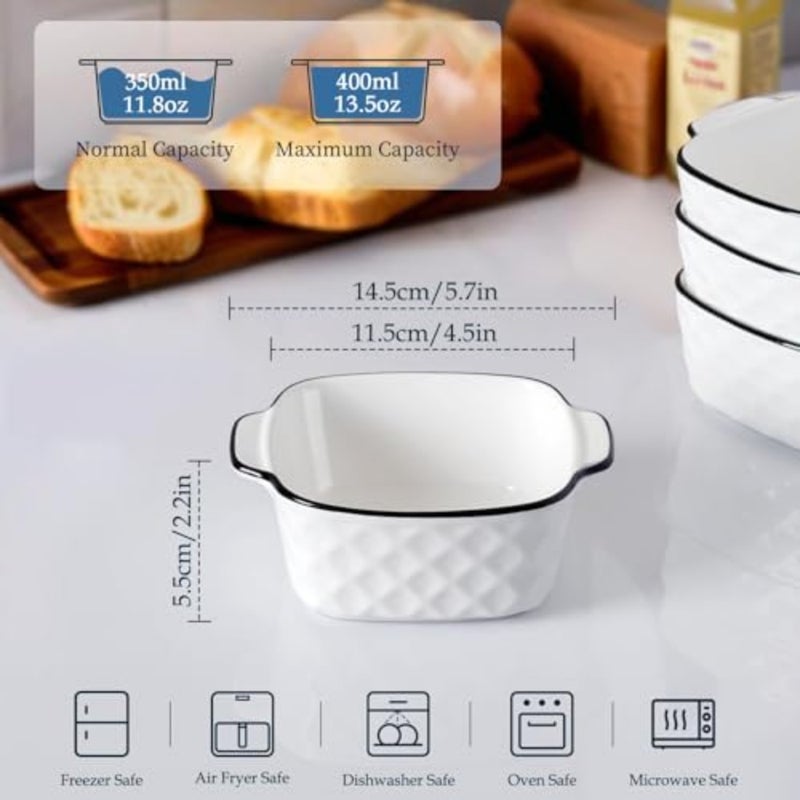 مجموعة أطباق خبز سيراميك من أنجو مكونة من 4 قطع، أطباق خبز مربعة - تصميم ماسي، طبق خبز صغير 400 مل للمقلاة الهوائية، أدوات خبز سيراميك بمقابض، آمنة للاستخدام في الفرن والميكروويف - Image 2