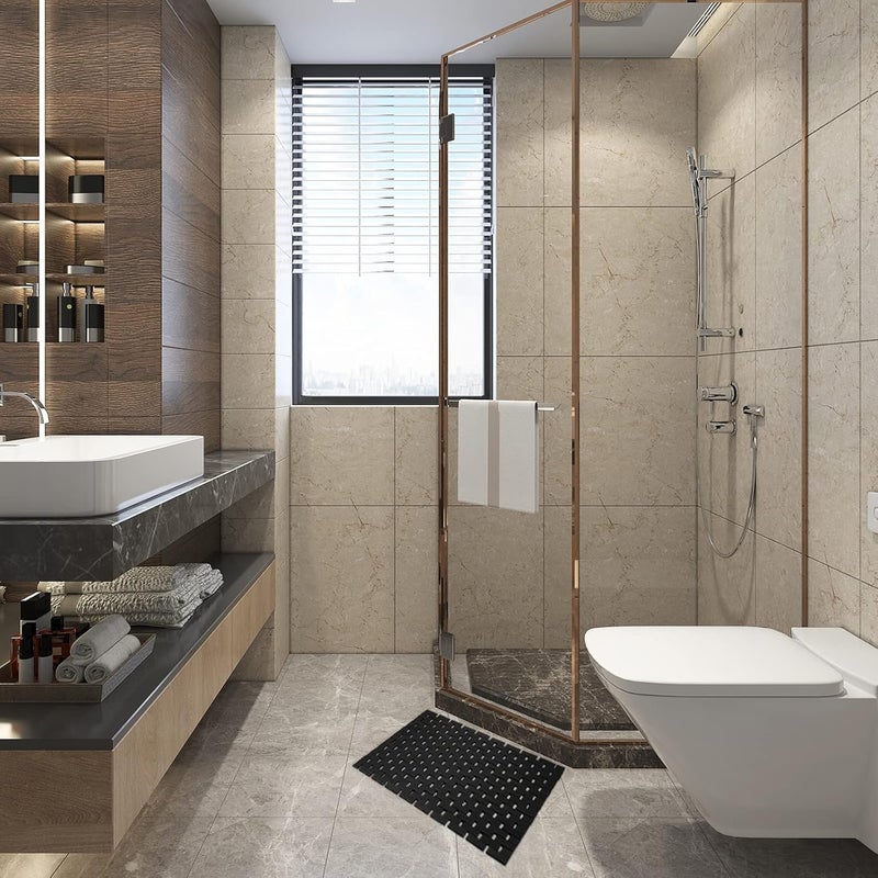Fovlaurs حصيرة حمام من البامبو، سجاد الحمام، أرضية خشبية، دش، حوض استحمام، مقاومة للماء، غير قابلة للانزلاق، إكسسوارات سوداء، مق��س 16×24 بوصة، سهلة التنظيف، قطعتان - Image 3