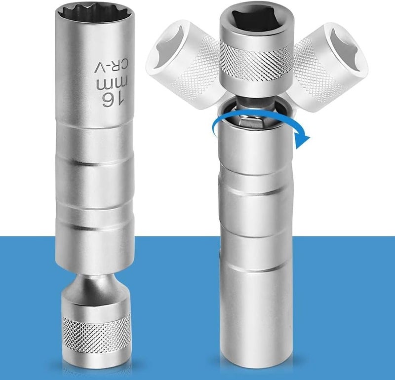 Khazna Universal Joint Spark Plug Socket, 2 Pcs Spark Plug Socket 14/ 16mm Universal Joint Spark Plug Wrench 3/8-Inch Drive12-Point Thin Wall Spark Plug Socket Spark Plug Removal Tool for Car Repair (14mm & - Image 1