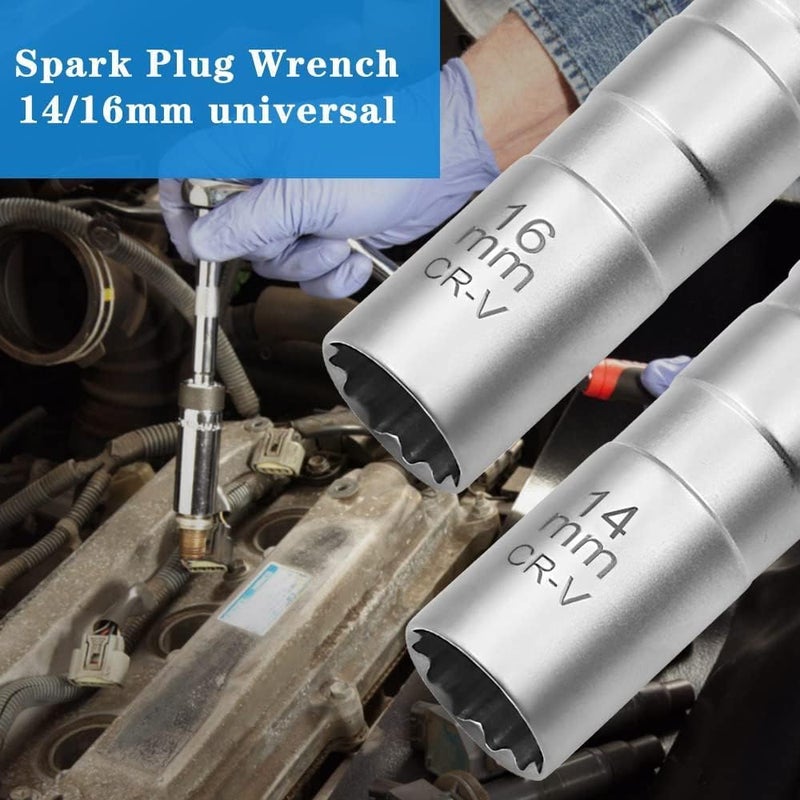 Khazna Universal Joint Spark Plug Socket, 2 Pcs Spark Plug Socket 14/ 16mm Universal Joint Spark Plug Wrench 3/8-Inch Drive12-Point Thin Wall Spark Plug Socket Spark Plug Removal Tool for Car Repair (14mm & - Image 3