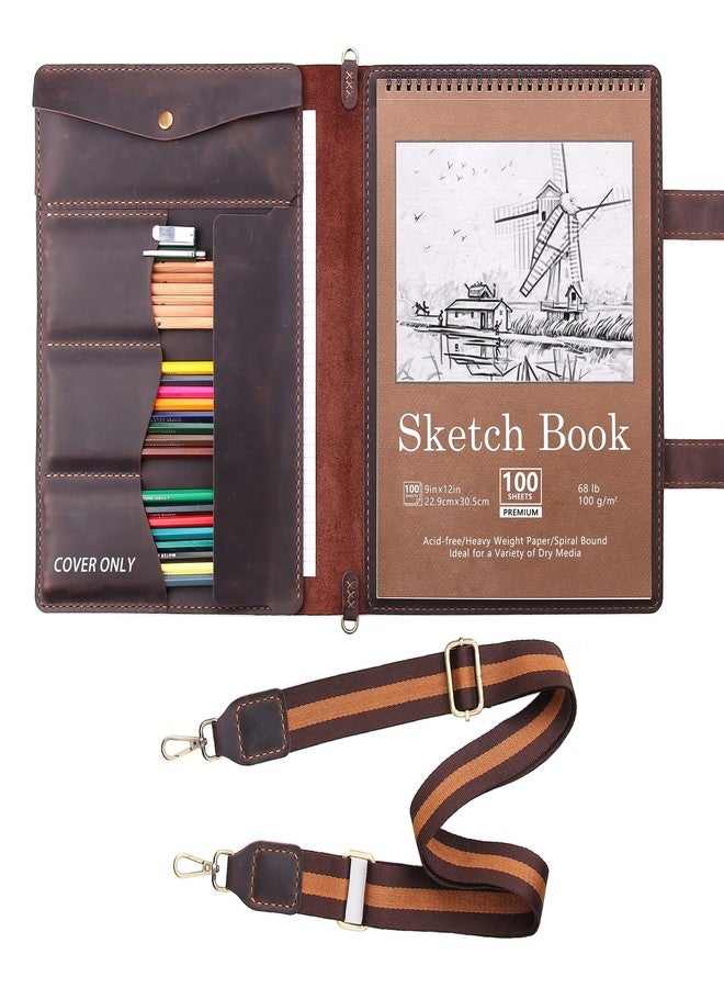 Robrasim Handmade Leather Sketchbook Cover, Artist Sketch Pad Holder for 9"X12" Top Spiral Bound Sketchbook, Drawing Book Pencil Case, Journal Portfolio with Shoulder Strap, Artist Gifts,Coffee - Image 1