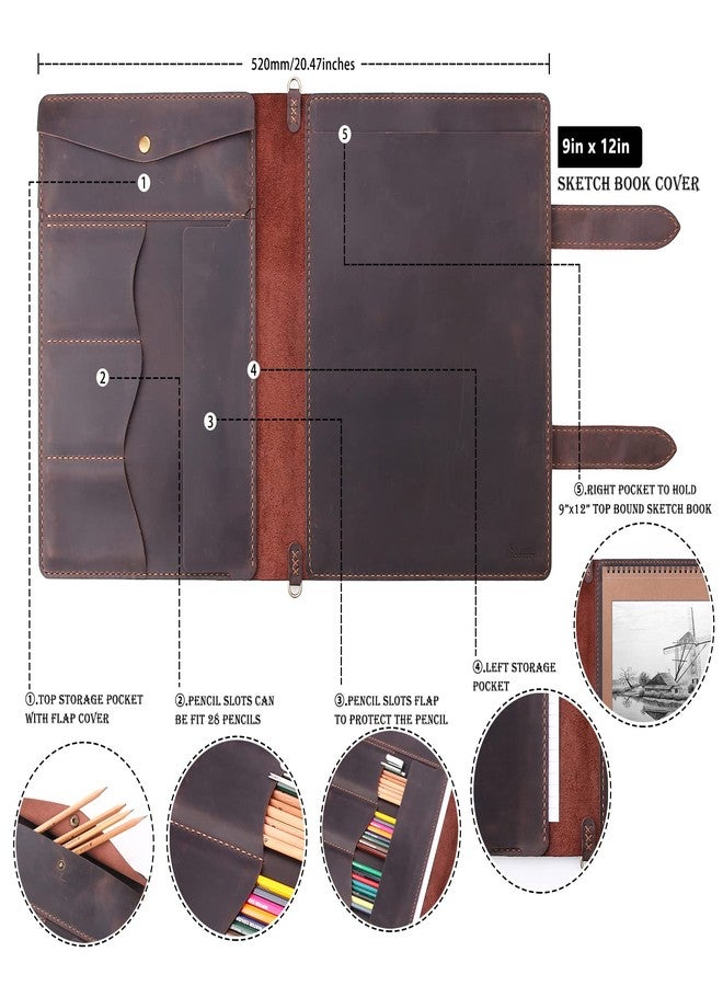 Robrasim Handmade Leather Sketchbook Cover, Artist Sketch Pad Holder for 9"X12" Top Spiral Bound Sketchbook, Drawing Book Pencil Case, Journal Portfolio with Shoulder Strap, Artist Gifts,Coffee - Image 2