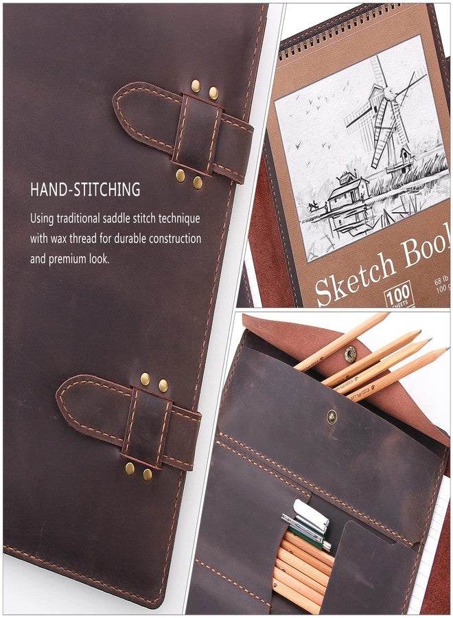 Robrasim Handmade Leather Sketchbook Cover, Artist Sketch Pad Holder for 9"X12" Top Spiral Bound Sketchbook, Drawing Book Pencil Case, Journal Portfolio with Shoulder Strap, Artist Gifts,Coffee - Image 4