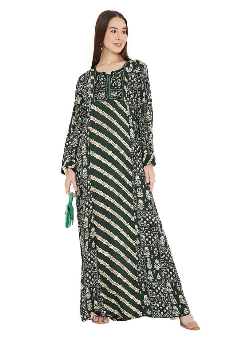 HANA & SARA UNIQUE STYLE PRINTED WITH THREAD EMBROIDERY LONG VISCOSE ARABIC KAFTAN JALABIYA DRESSES  - Image 4