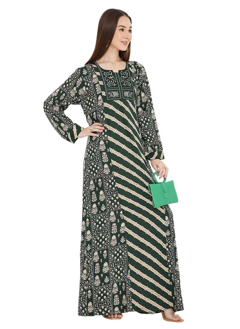 HANA & SARA UNIQUE STYLE PRINTED WITH THREAD EMBROIDERY LONG VISCOSE ARABIC KAFTAN JALABIYA DRESSES  - Image 1