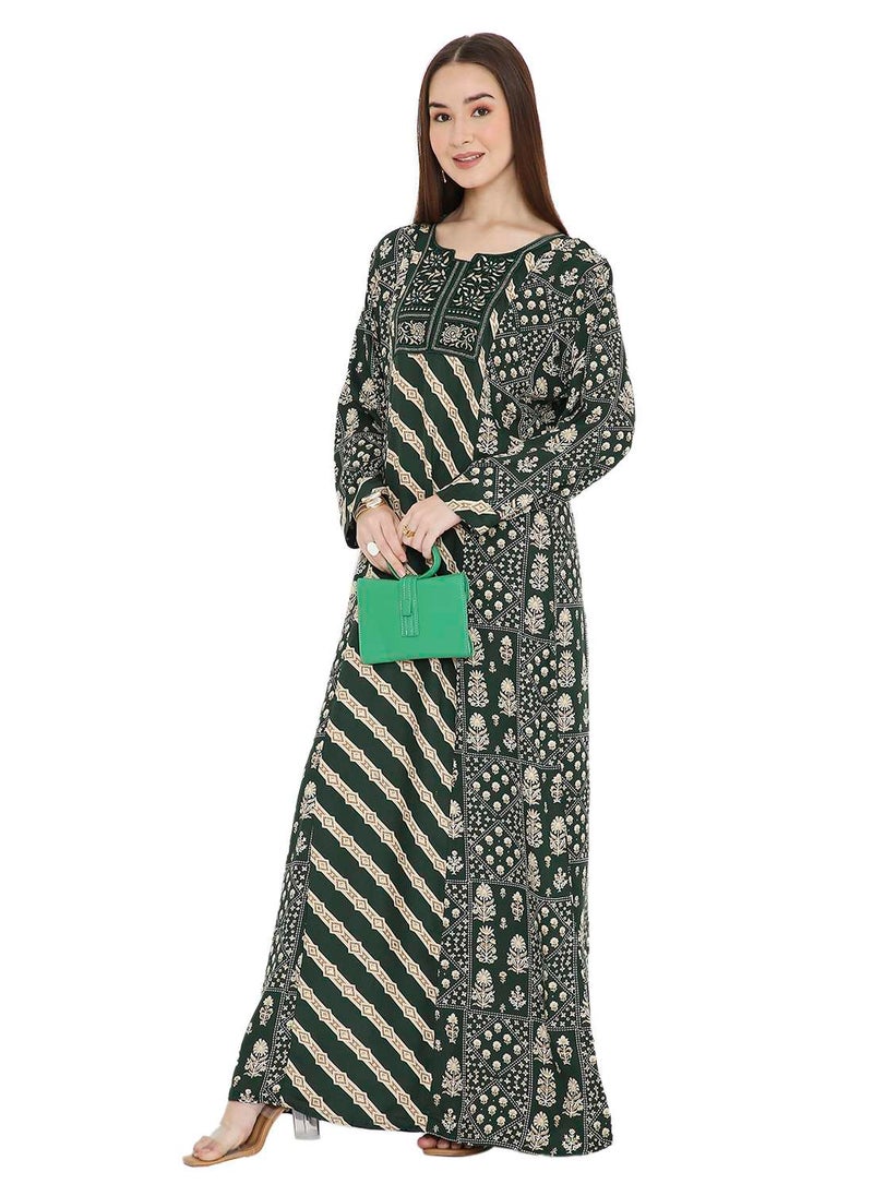 HANA & SARA UNIQUE STYLE PRINTED WITH THREAD EMBROIDERY LONG VISCOSE ARABIC KAFTAN JALABIYA DRESSES  - Image 5
