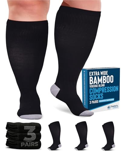 Doctor's Select 3 Pairs Plus Size Compression Socks Wide Calf | Bamboo Viscose Knee High Extra Wide Calf Compression Socks Women & Men | Black - Image 1
