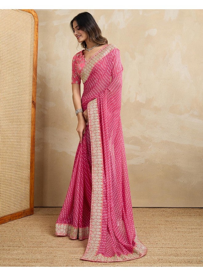 SIRIL ساري جيرجيت باندهاني مطبوع للنساء من سيريلي مع قطعة بلوزة غير مخيطة (4292S928_وردي وأبيض) - Image 2