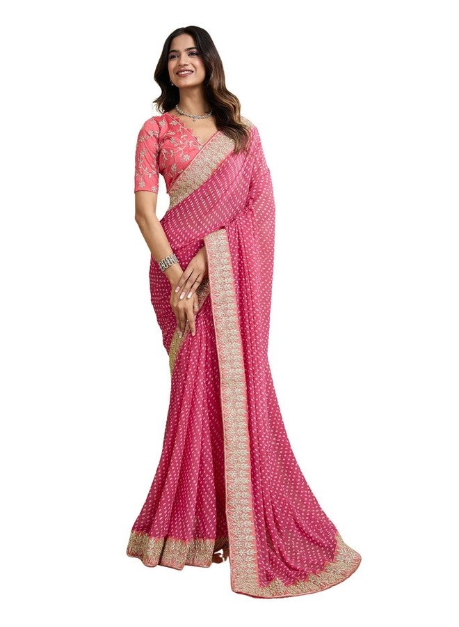 SIRIL ساري جيرجيت باندهاني مطبوع للنساء من سيريلي مع قطعة بلوزة غير مخيطة (4292S928_وردي وأبيض) - Image 1