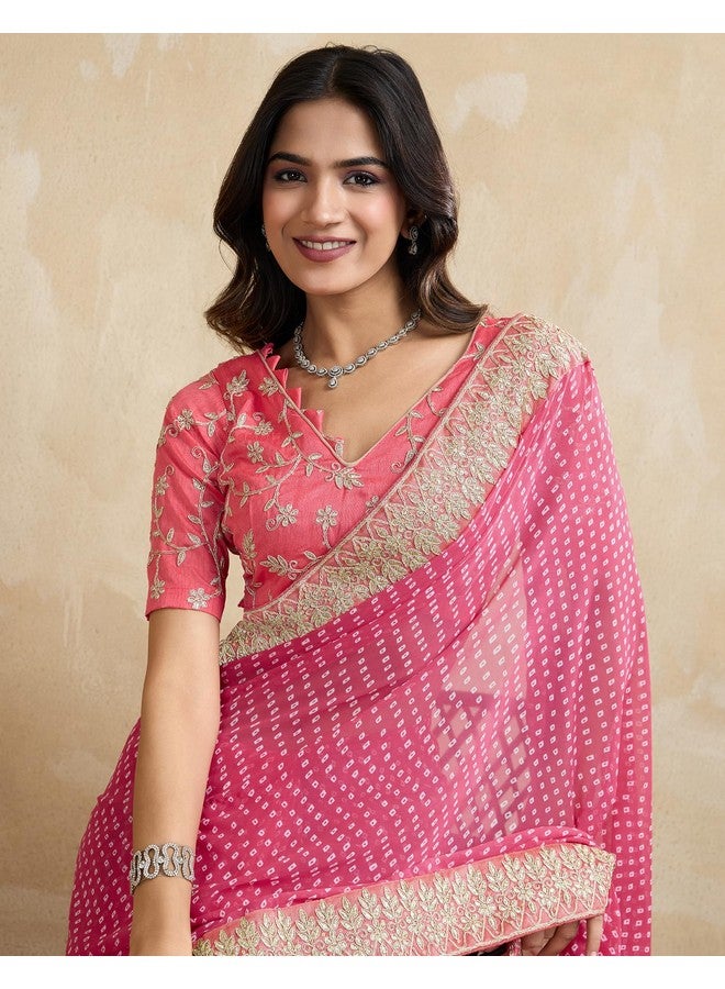 SIRIL ساري جيرجيت باندهاني مطبوع للنساء من سيريلي مع قطعة بلوزة غير مخيطة (4292S928_وردي وأبيض) - Image 5