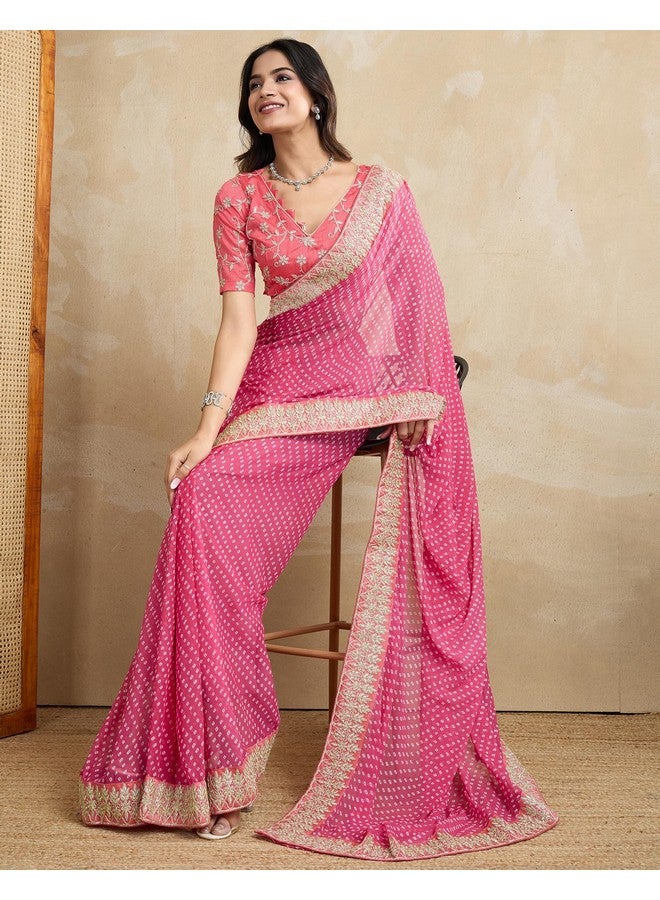 SIRIL ساري جيرجيت باندهاني مطبوع للنساء من سيريلي مع قطعة بلوزة غير مخيطة (4292S928_وردي وأبيض) - Image 3