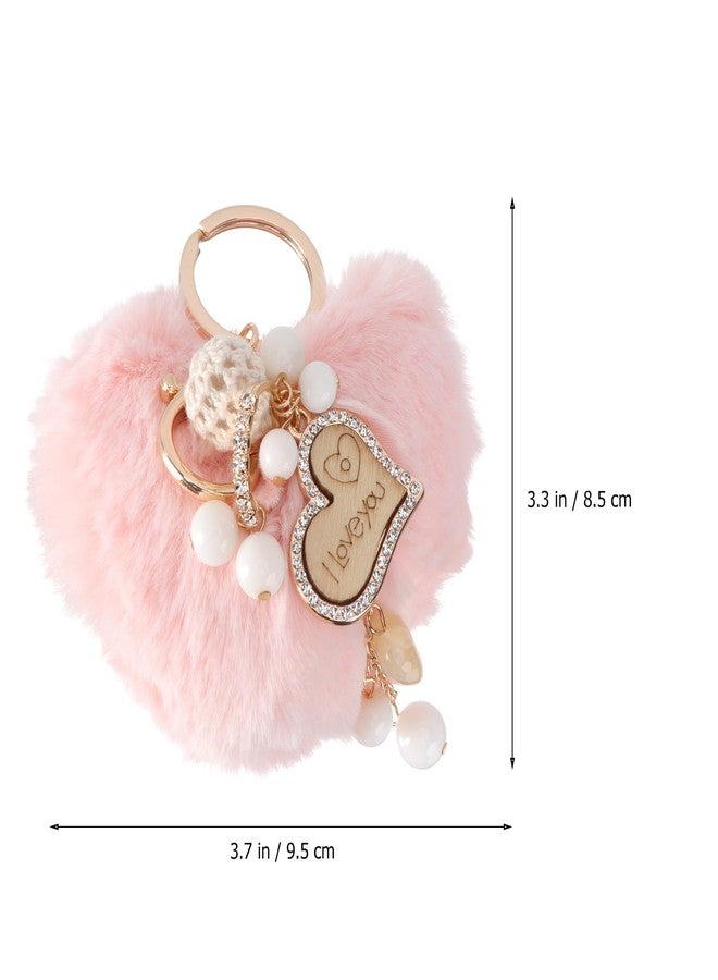 ifundom Heart Keychain Plush Keychain Heart Pendant Rhinestone Puff Balls Pom Poms Fluffy - Image 2